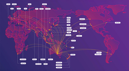 A world map showing the proposed future flight paths connecting Adelaide with major cities across the world.