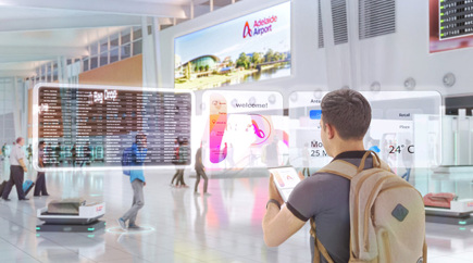 An artist's depiction of a futuristic world where a man is using his phone to project a VR-like experience in front of him, at the check-in area of Adelaide Airport.
