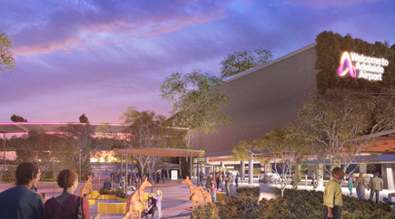 An artist's depiction of what the outdoor entranceway to the Adelaide Airport terminal could look like, with lush greenery, sculptures and people interacting happily within the space.