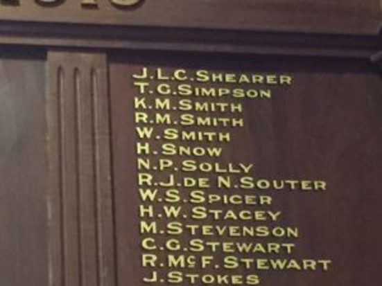 The Queen’s College Honour Board, containing the names of all three Smith boys,