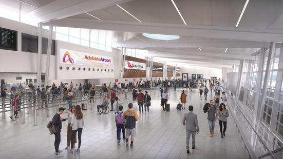 render of airport check in hall with people walking around