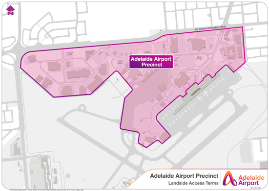 map of Adelaide airport showing designated "landside" area