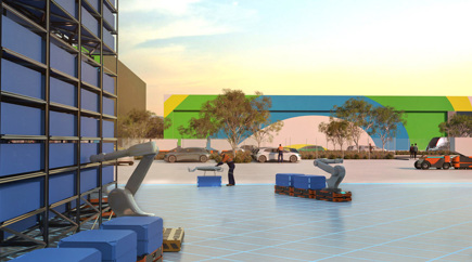 An artist's depiction of a futuristic warehouse, with drones moving freight and automated vehicles in the background.