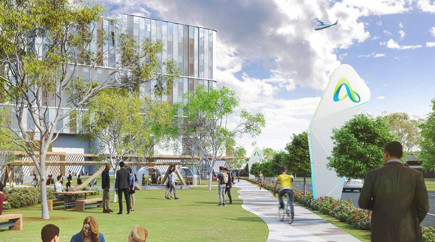 An artist's depiction of the Adelaide Airport business precinct with modern buildings, lush greenery and people interacting with their environment.