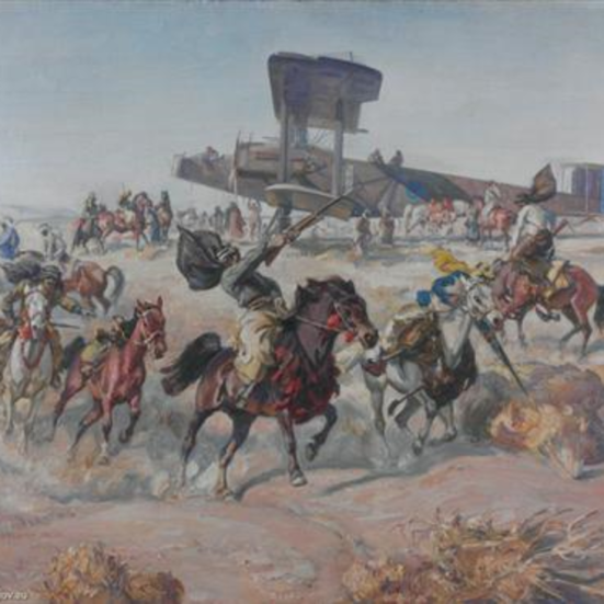 oil painting of men on horses around plan 